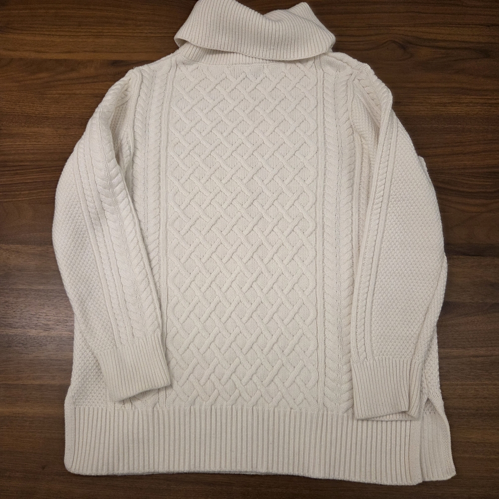 Banana Republic 100% Cotton Cable-Knit Long Sleeve Cream Turtleneck Sweater Med - Picture 2 of 9